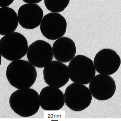 TEM image of a monolayer of 80 nm PEG-coated gold nanospheres used for size measurement and particle counting.
