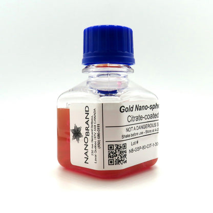 Labeled bottle of 80 nm citrate coated gold nanoparticles ready for use.