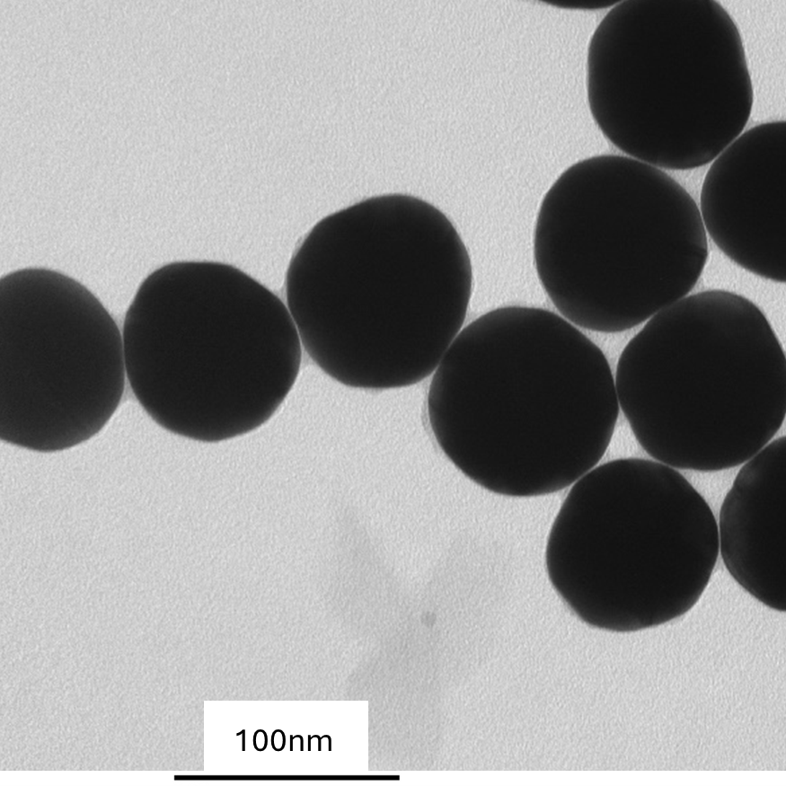 TEM image of a monolayer of 80 nm gold nanospheres used for size measurement and particle counting.