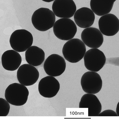 TEM overview of 90 nm gold nanospheres showing homogeneous dispersion and consistent particle size.
