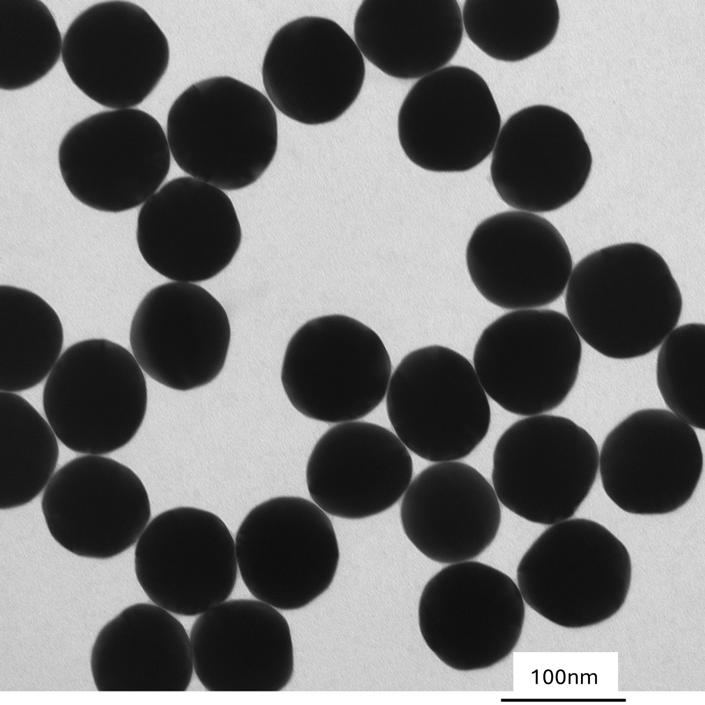 TEM image of a monolayer of 90 nm gold nanospheres used for size measurement and particle counting.
