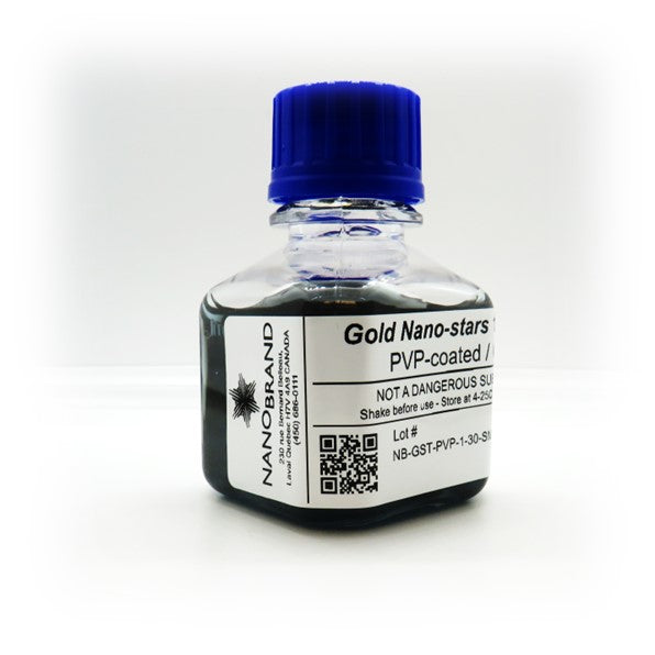 Labeled bottle of NanoBrand 90 nm gold nanostars ready for use.

