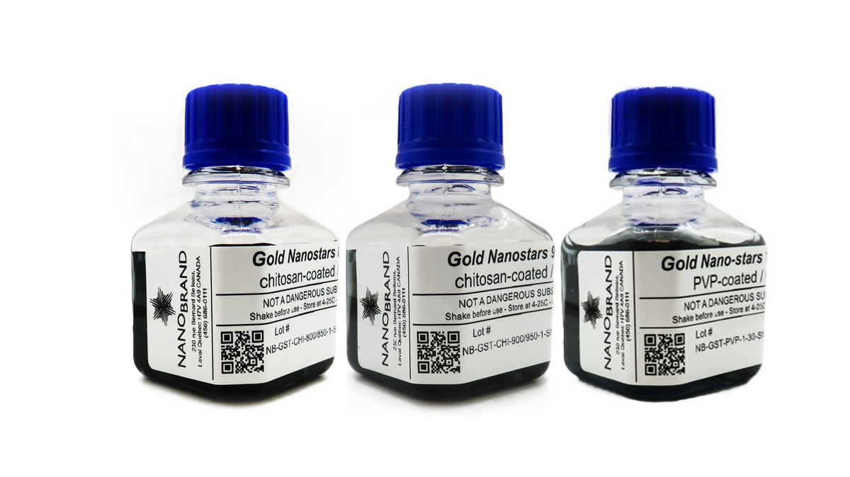 Bottles containing three different gold nanostars products from NanoBrand
