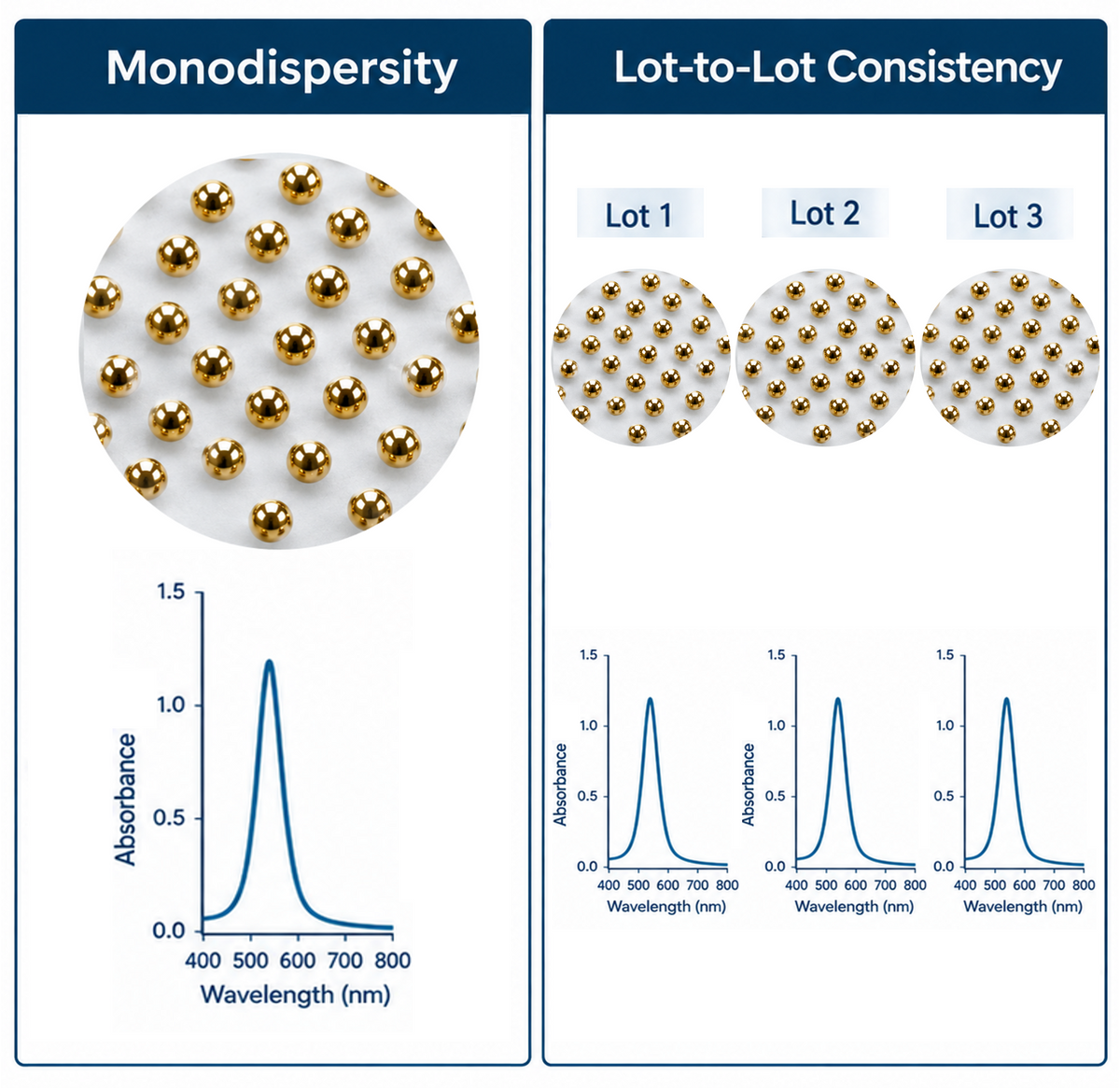 Shematic representation of gold nanoparticles monodispersity and lot-to-lot consistency, by matching nanoparticles diameters and UV-vis spectra