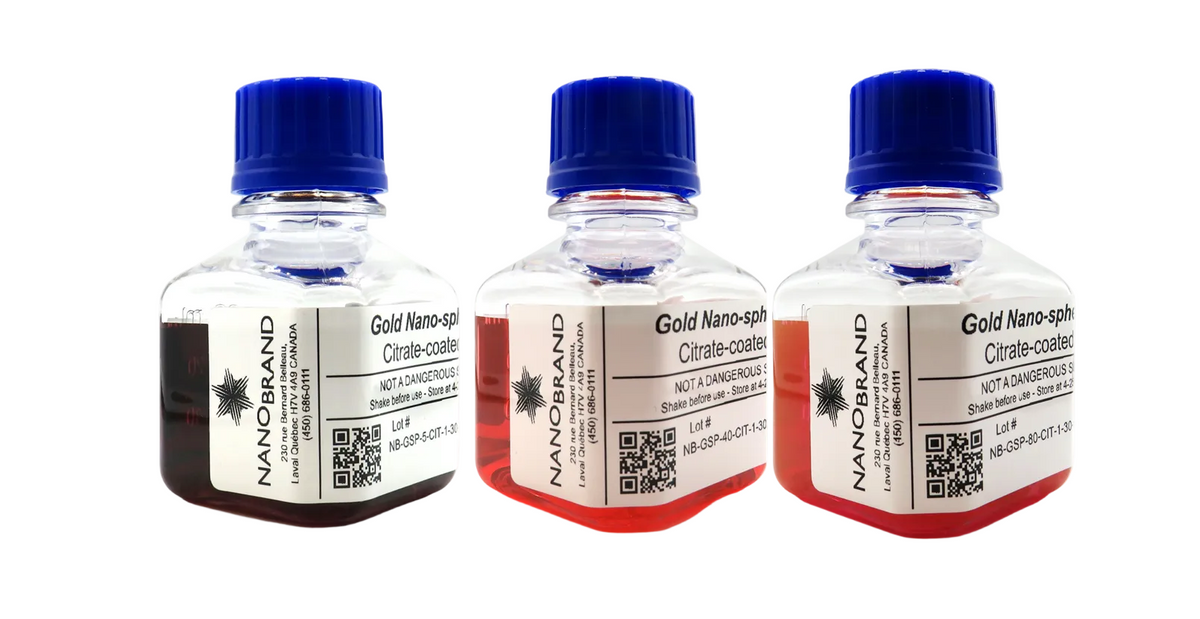 picture of three bottles containing NanoBrand gold nanoparticles of different diameters